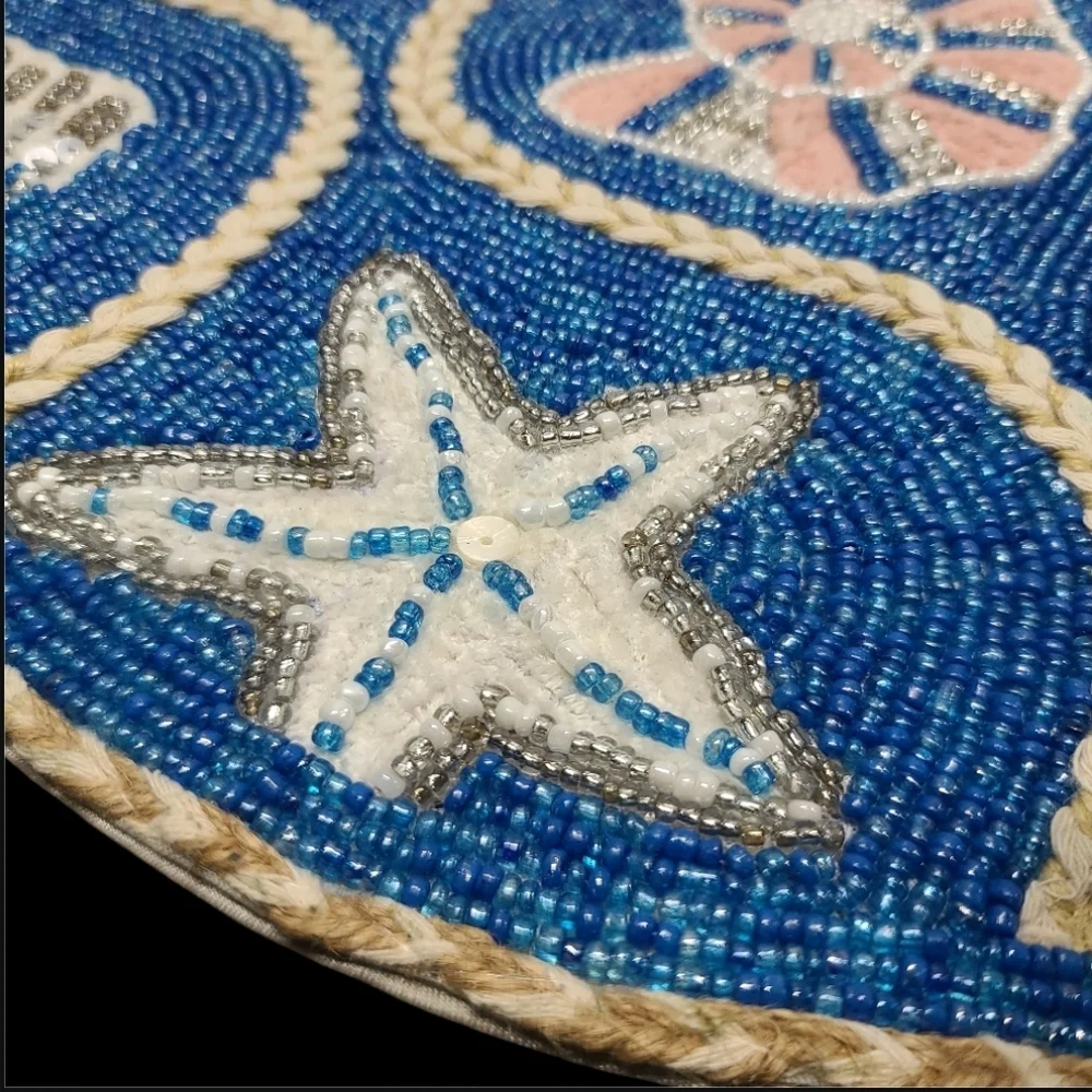 4 Beaded Coastal Seashell Starfish Sea Coral Jute Accent Placemats Chargers Set